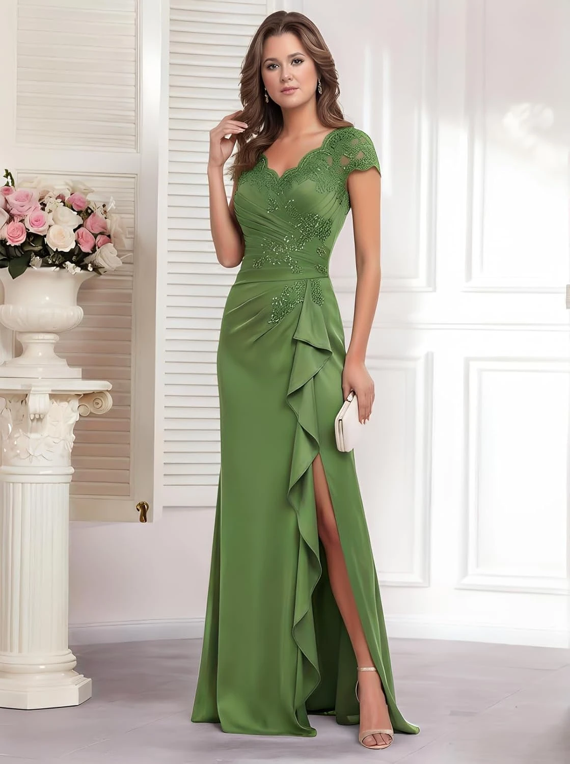 Lace Applique Mother of the Bride Dresses Cap Sleeves Long Wedding Party Gowns With Slit Elegant Prom Dress Vestido De Custom