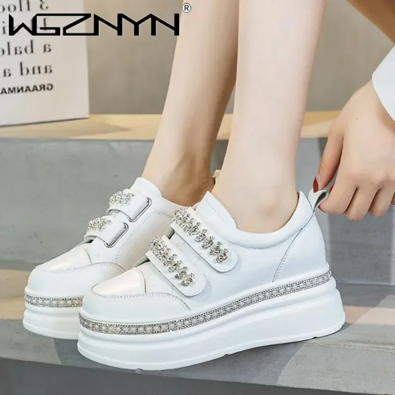 Top quality 7cm NEW Skate Board Vulcanized Chunky Block Boot Bling Platform Wedge Sneakers Genuine Leather Breathable lady Shoes