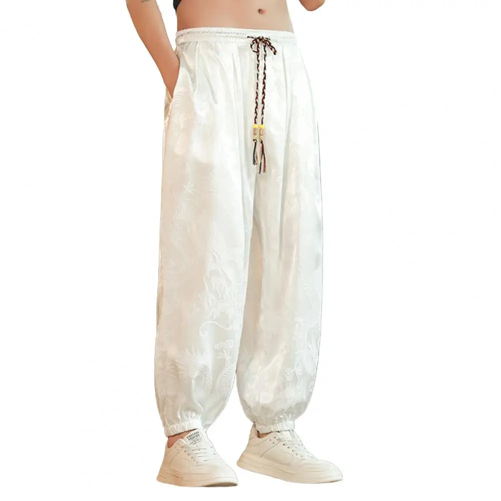 

Men's Pants with Straps Ethnic Vintage Print Pants with Elastic Waistband Multi-pocket Design Trousers for Everyday Wear