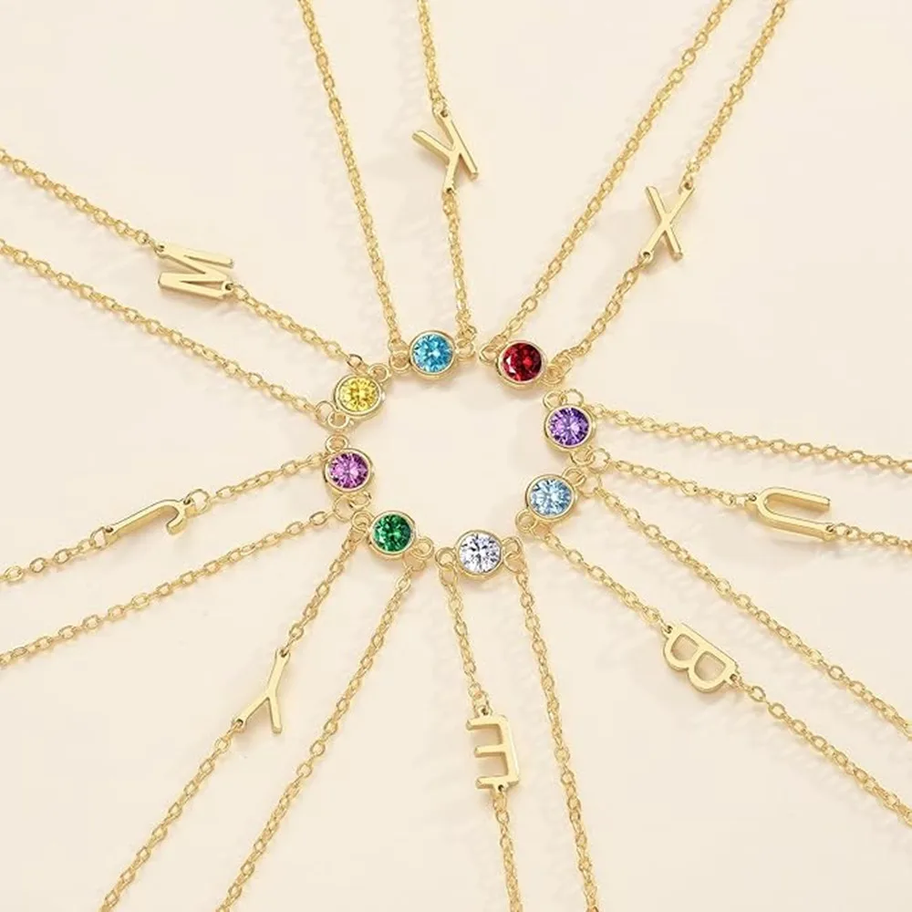 Custom Birthstone Necklace For Women Personalized Stainless Steel Letter A-Z Initial Necklace Stocking Valentines Day Gifts
