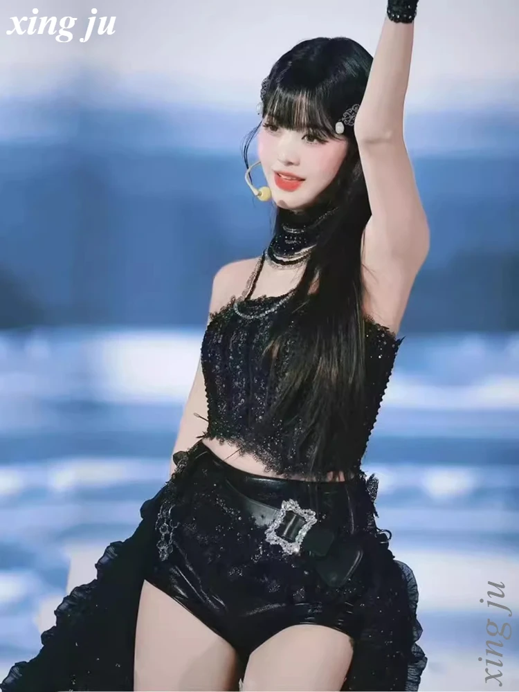 Women Singer Stage Black Crop Tops Jazz Dance Costume Kpop Outfits Sexy Lace Skirt Tight Leather Shorts Nightclub Dj Dance Wear