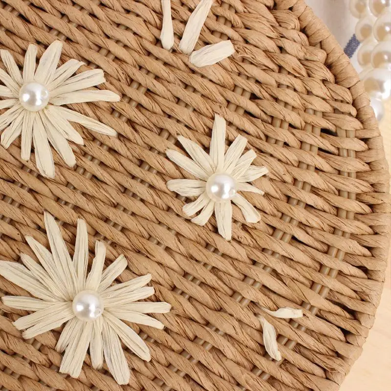 Pearls Handle Straw Bag Handbags Paper Rope Woven Bags for Women 2024 Bohemian Clip Shoulder Crossbody Bag Flower Purses Clutch