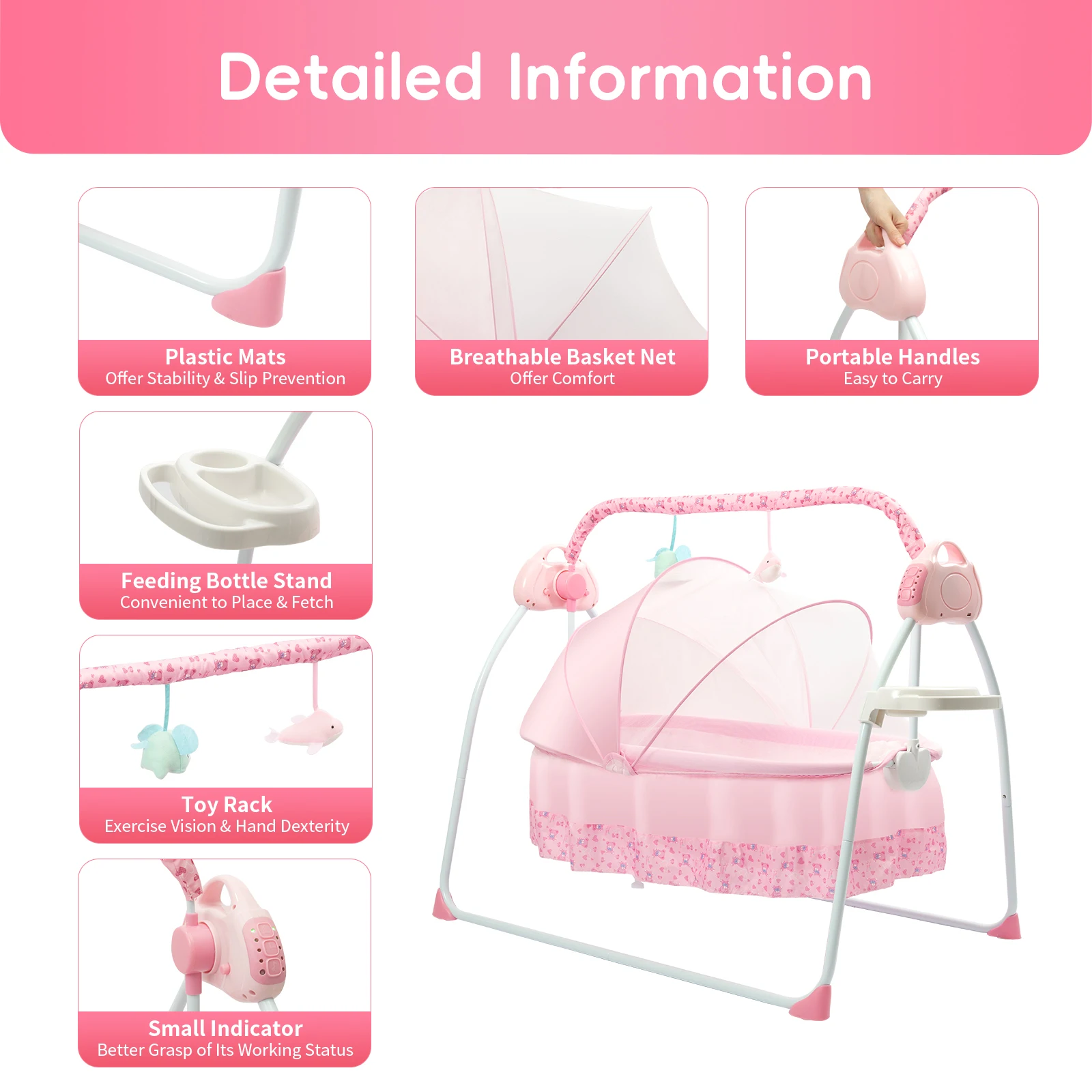 Baby Cradle Swing - 12 Songs/Bluetooth/USB, 5-Speed Adjustable Swing, Safety Belt&Anti-Tip Design,Breathable Fabric & ABS Frame