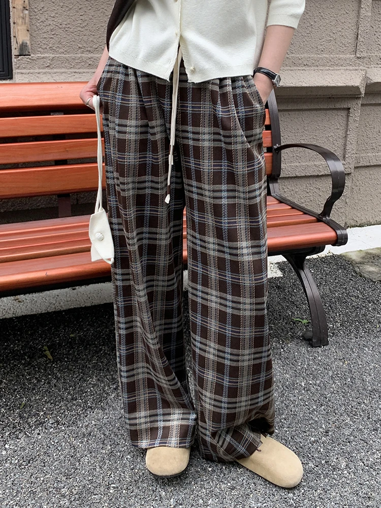 

Повседневные универсальные брюки Boran в клетку с широкими штанинами, с высокой талией, свободные, в корейском стиле, для офиса, из полиэстера, женские