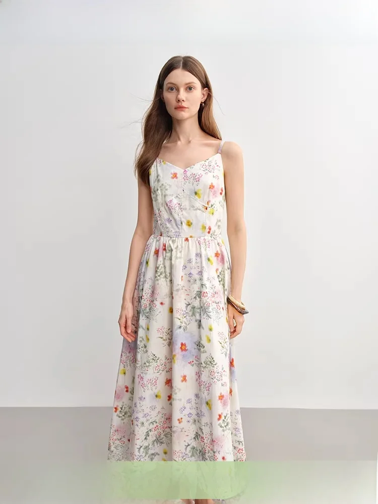 

Large Size Women's Fre Print Vaion Sle Strap Dr Aosphere Sense Quali Match Slimming Floral Skirt Long Sve V-...