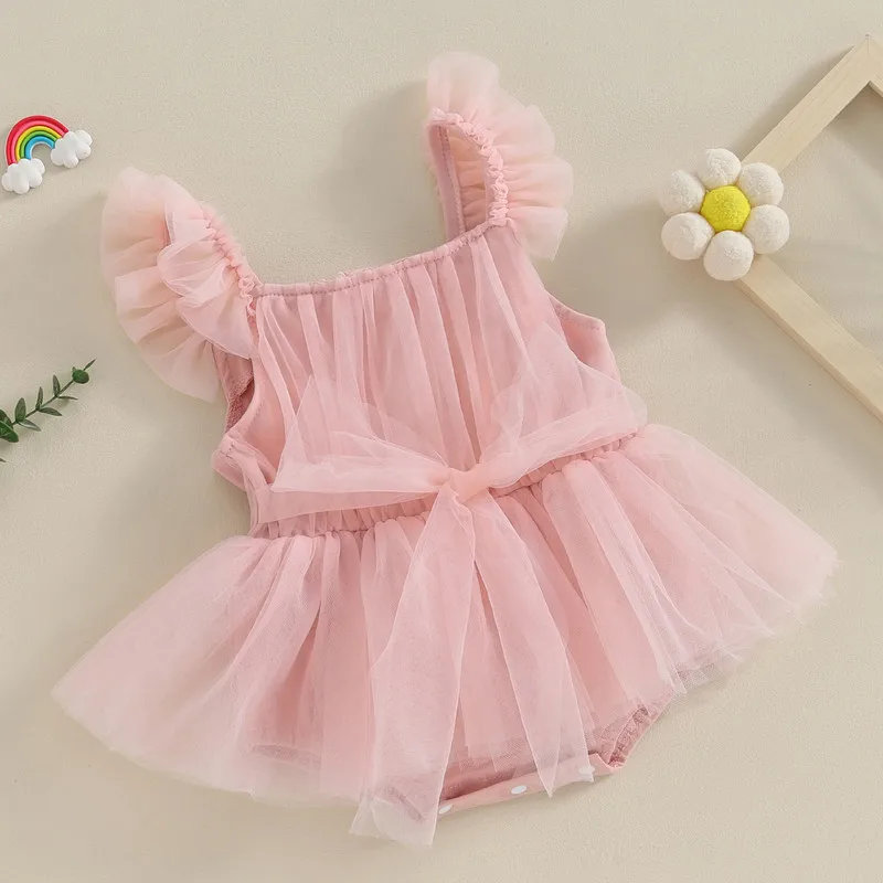 Newborn Baby Girl Dress Bodysuit Summer Clothes Sleeveless Tie Knot Front Pleated Tulle Dress Jumpsuit for Kids Infant Clothing