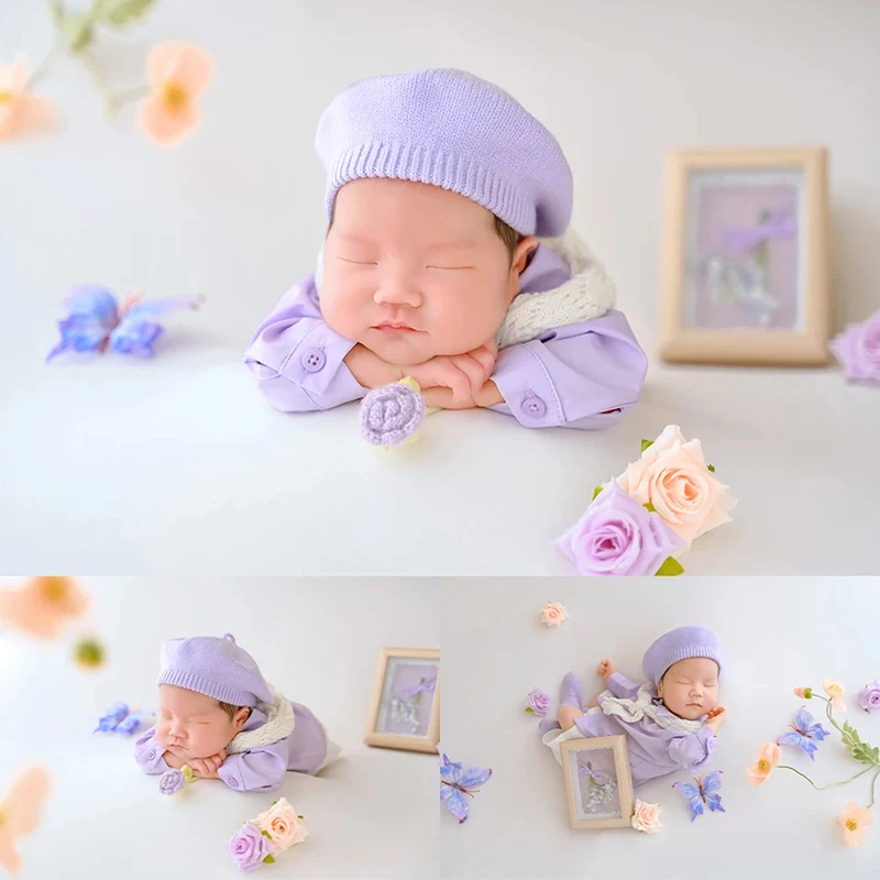 Puntelli per fotografia neonato Berretto lavorato a maglia stile signorile + Top + Pantaloncini Fiore artificiale Farfalla Puntelli Abiti fotografici per studio infantile