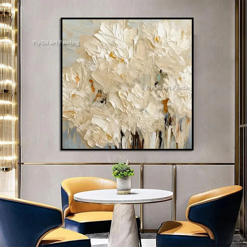 Original Hand‑Painted Textured Flower Bouquet Thick Canvas Wall Art Neutral Botanical Oil Painting For Apartment Wall Decor