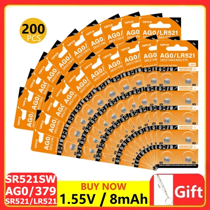 

200pcs NEW Alkaline Battery AG0 379 Button Batteries SR63 LR69 LR521 379A SR521SW D379 Electronic Toys Movement 1.55V Coin Cell