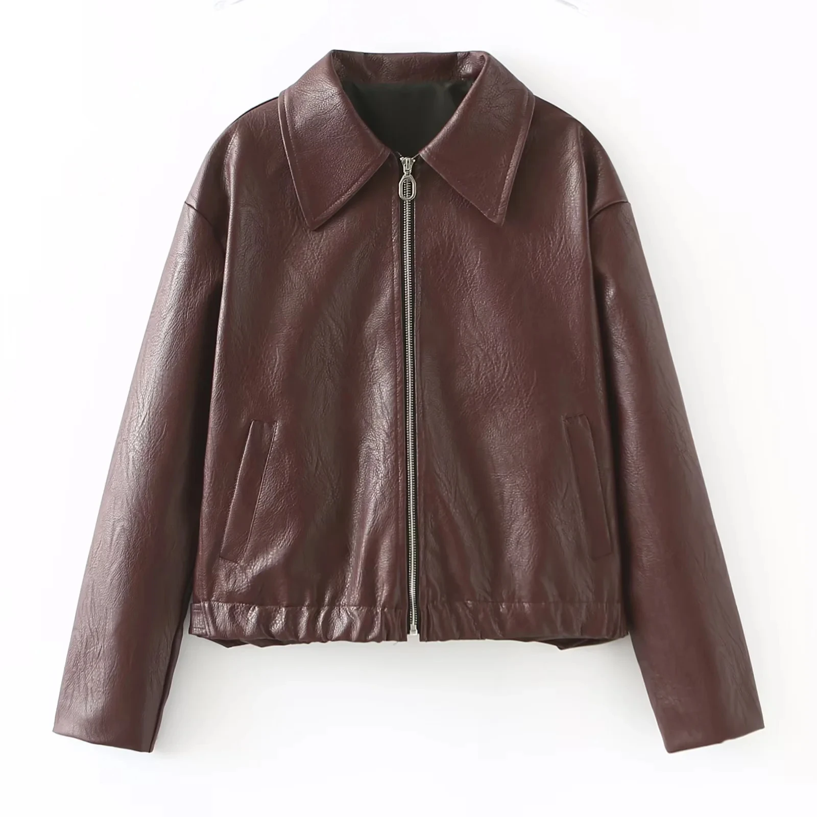 خريف جديد المرأة الأمريكية الرجعية سستة طوق طويل Sve بولي Leather جلد فضفاض ort Jaet معطف Sli تخفيف منتظم صالح