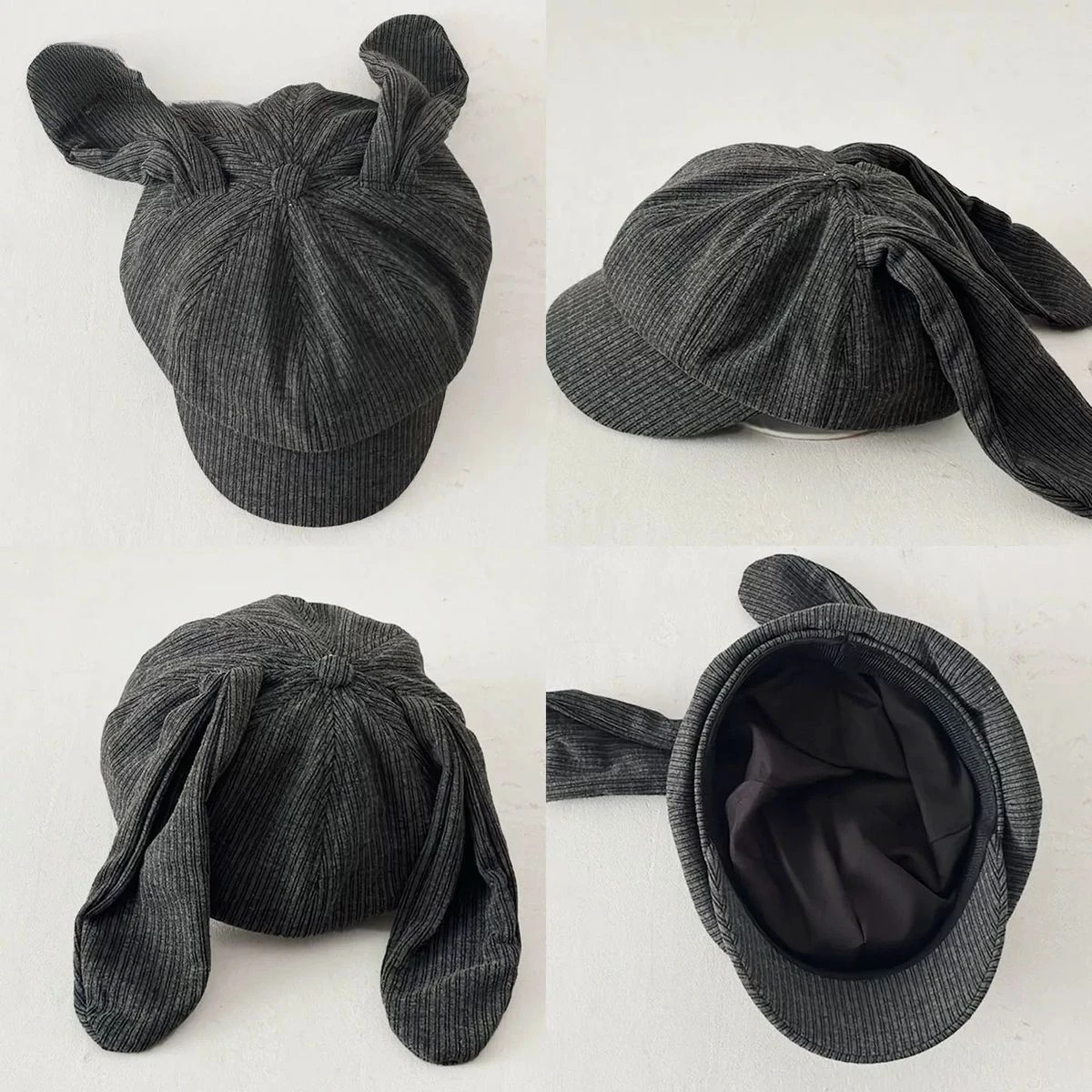Niedliche achteckige Baskenmütze für Kinder, Herbst-Winter, gestreift, gestrickt, mit Hasenohren, für Babys, Jungen und Mädchen, warme, lässige Newsboy-Mütze – Detail 6