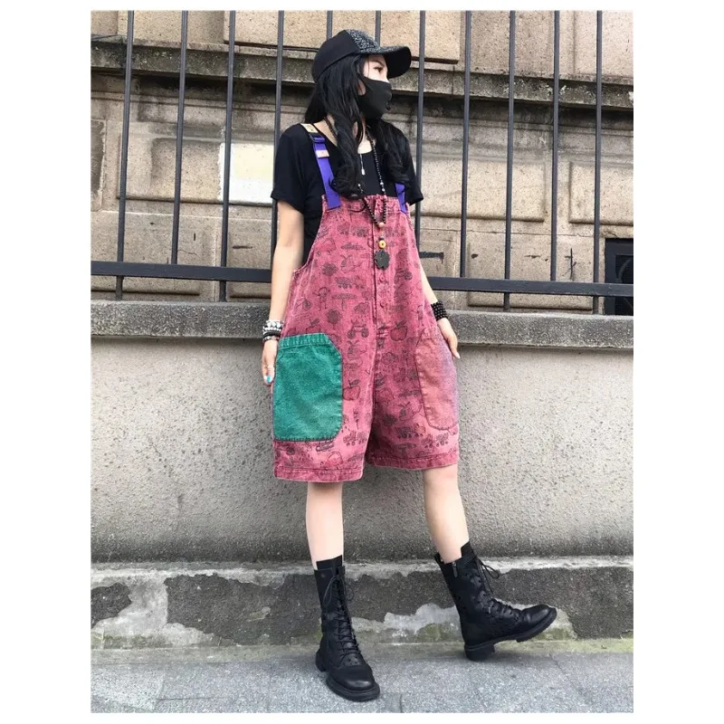 European Personalized Printed Denim Suspenders for Women Summer Flesh-covering Workwear One-piece Wide-leg Trousers