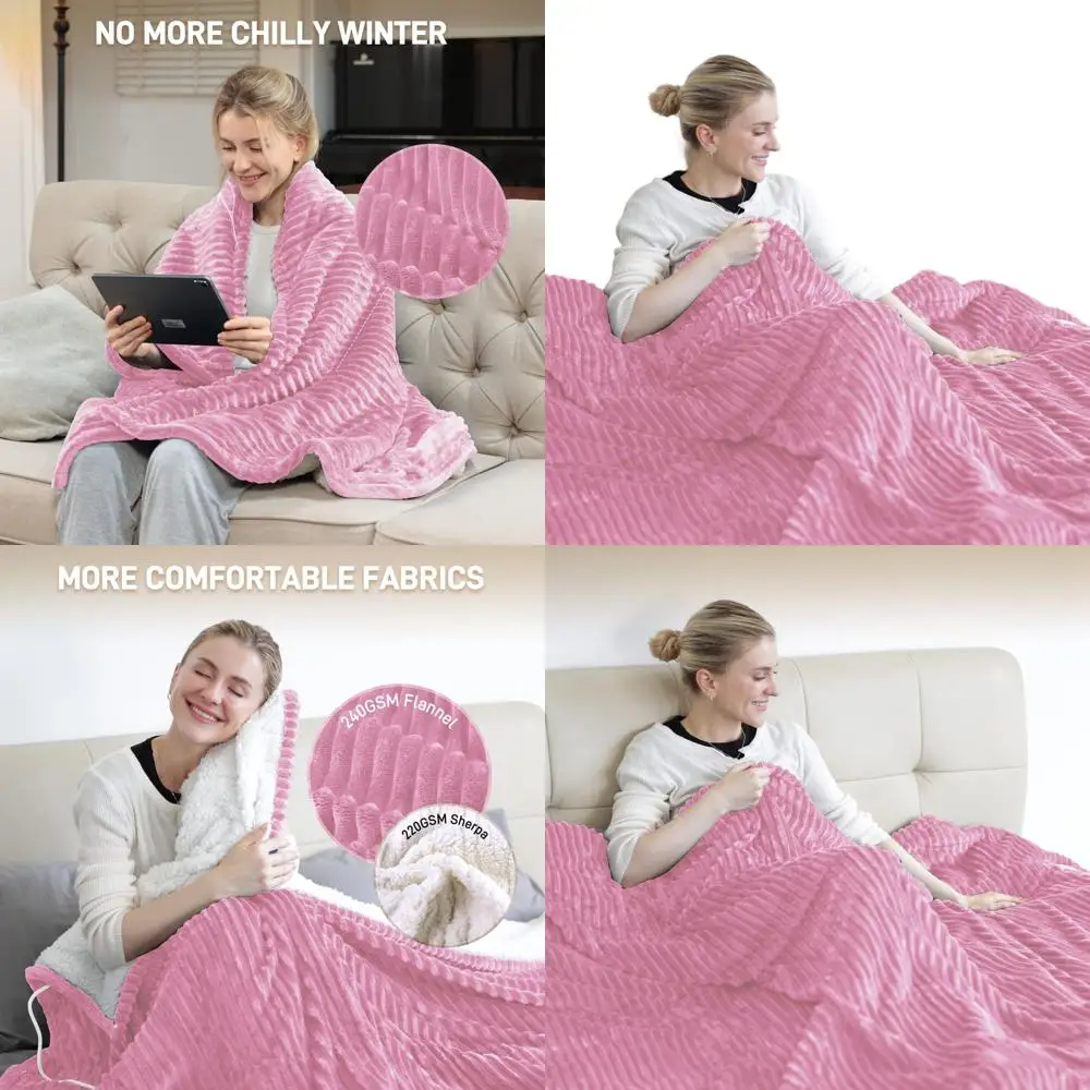 

Queen Size Soft Flannel Electric Blanket 84x90 with 10 Timers, 6 Heat Levels, Washable, Overheat Protection - Pink