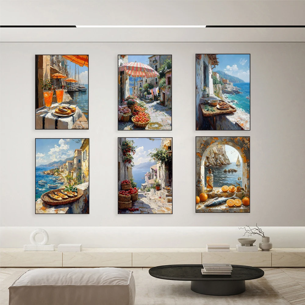 Mediterranean alley painting, seascape, lemons, jug, oranges and fish rural coast scenery, country port, nautical scene poster