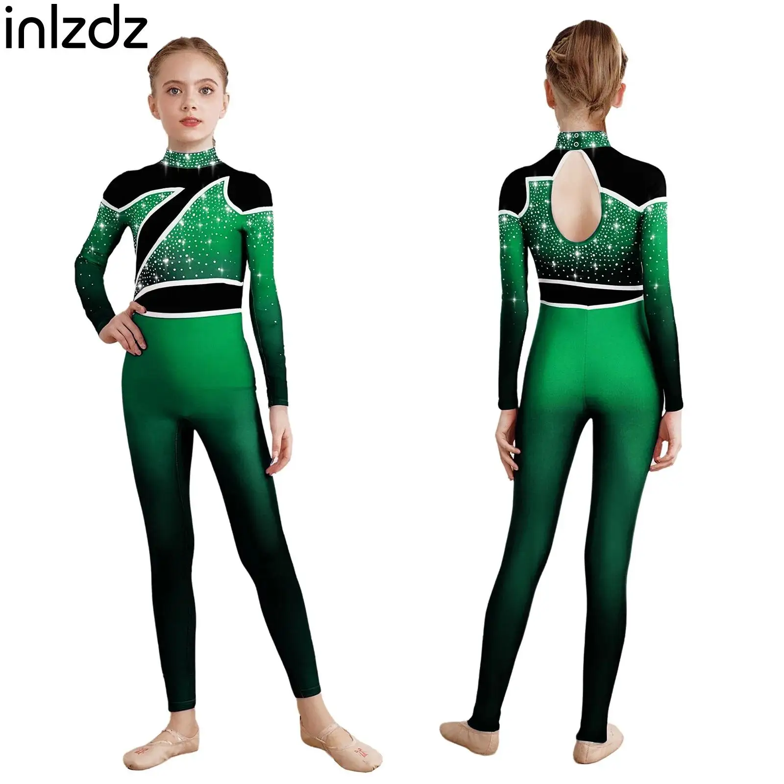 

Girls Ballerina Dancewar Rhythmic Gymnastics Leotard Rhinestones Long Sleeve Jumpsuit Yoga Bodysuit Figure Skating Dance Clothes