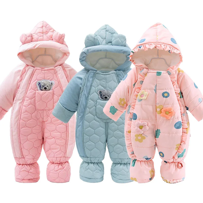 Baby Hooded Romper Solid Print Thicken Outdoors  Winter Children Jumpsuit Toddler Overalls 0-13M
