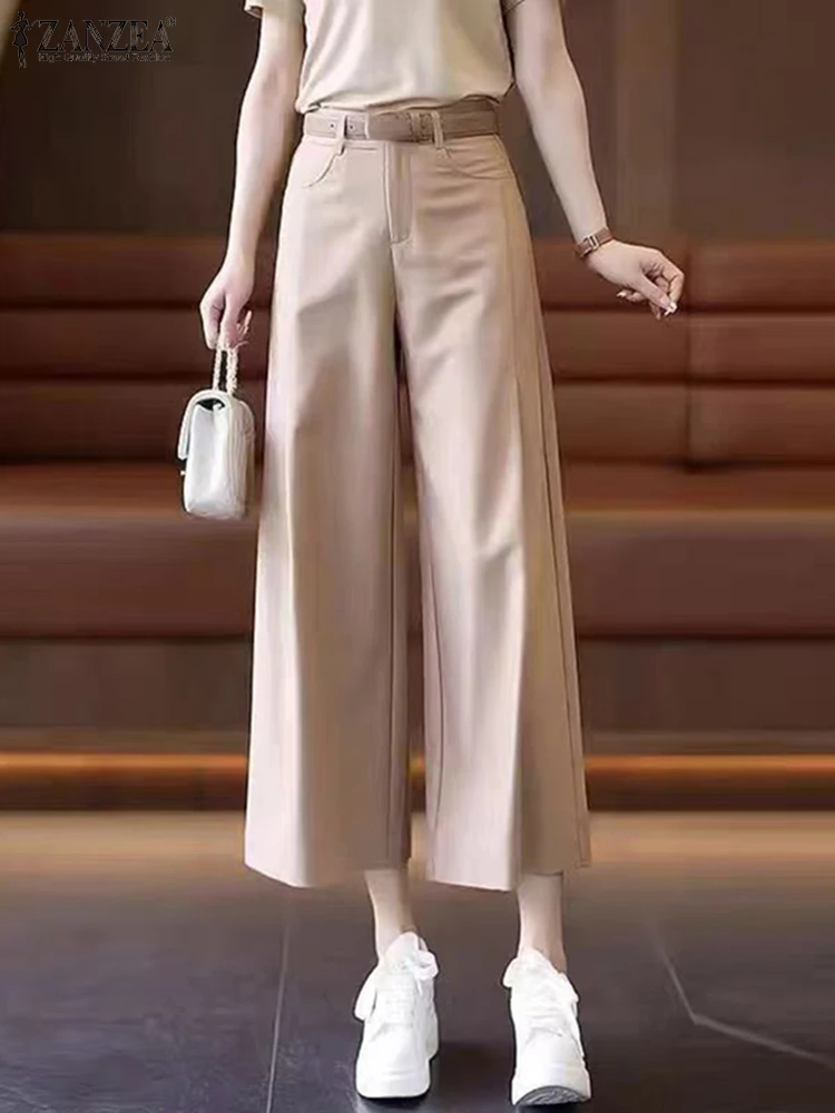 

Women Casual Ninth Pants ZANZEA Vintage Solid Pocket Bottoms American Fashion Elegant Mid Waist Pant Streetwear Pleating Trouser