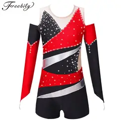 Kids Girls Figure Skating Dance Clothes Long Sleeve Shiny Rhinestone Leotards with Shorts Ballet Rhythmic Gymnastics Outfits