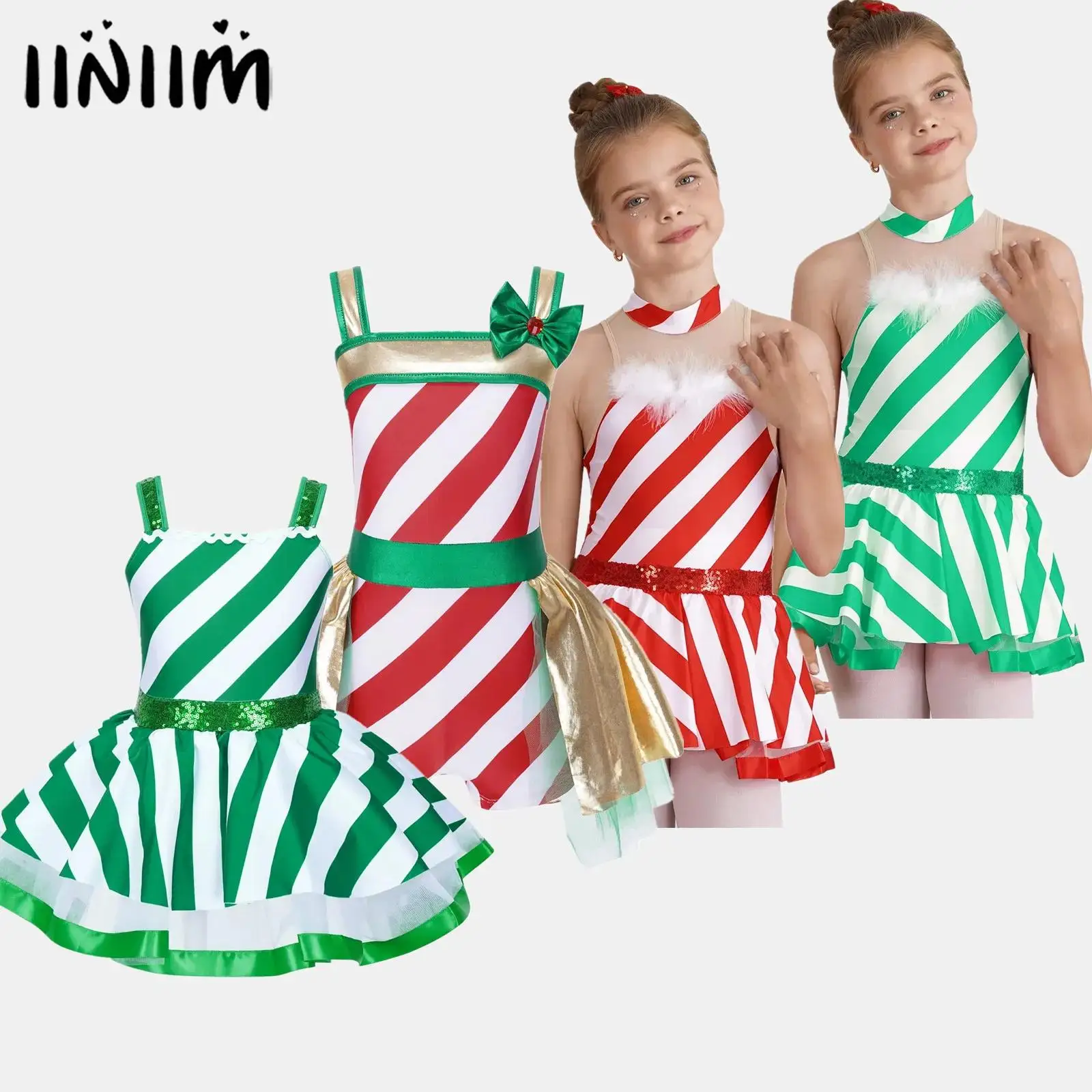 

Girls Xmas Christmas Xmas Candy Cane Cosplay Costume Shiny Sequins Striped Figure Skating Twirling Ballet Tutu Leotard Dress