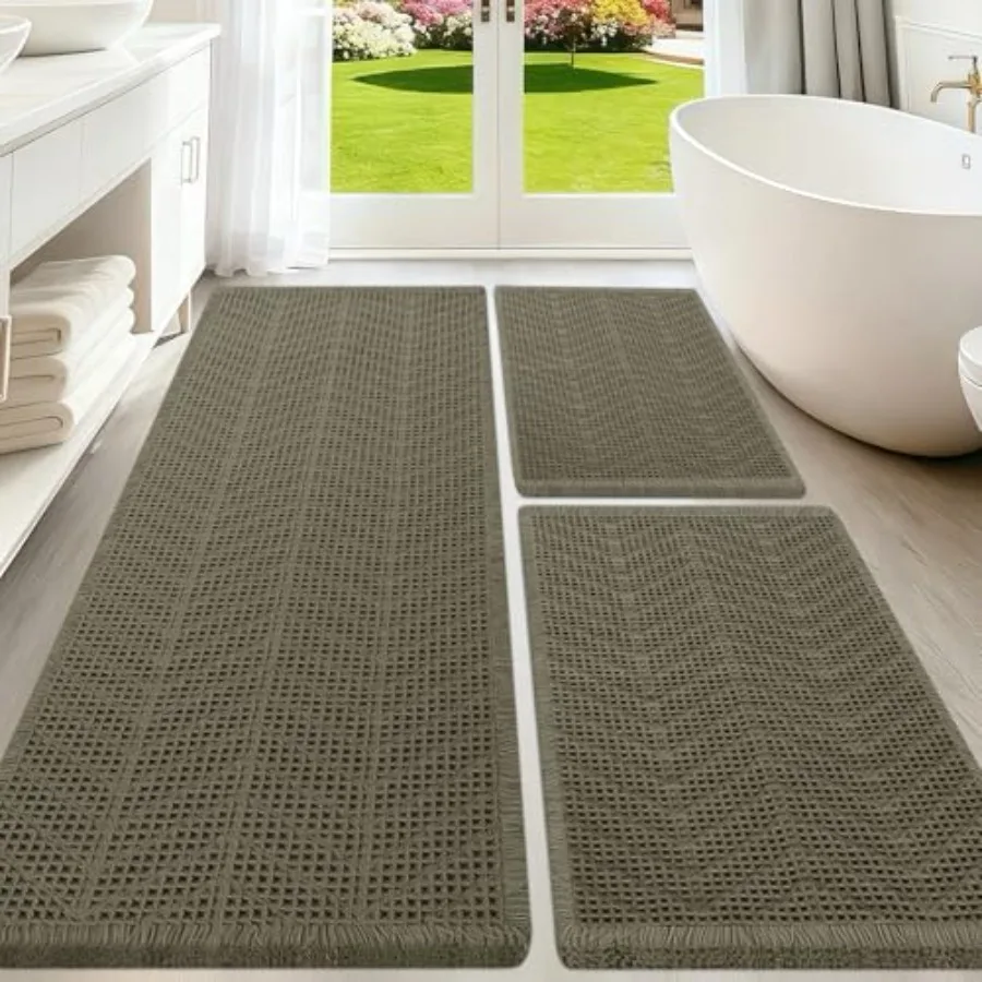 

Upgraded Waffle Bath Mat Set 3 Piece Greyish Green-Herringbone Super Absorbent Non-Slip Quick Dry Bathroom Rugs with Tassels Ma