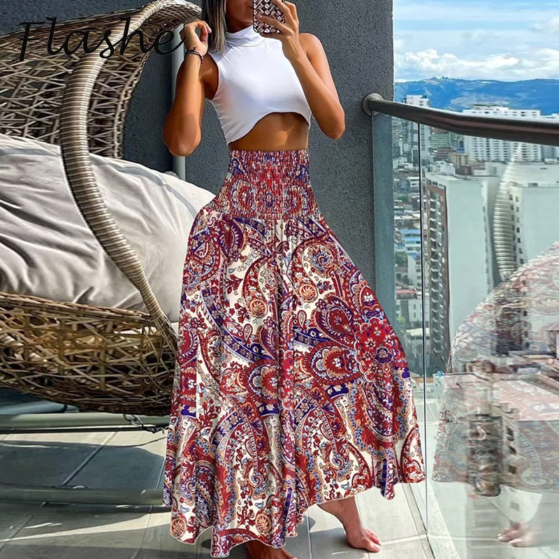 

Vintage Printed Skirt Women Spring Summer High Waist Long Skirts For Women Casual Beach Holiday Dress Boho