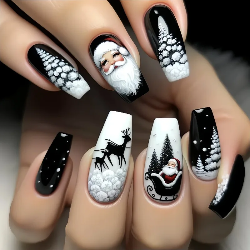 

24PCS Square Fake Nails Black Santa Claus Snowflake Elk Christmas Holiday Festival Gift False Nails Press on Nails for Women 네일