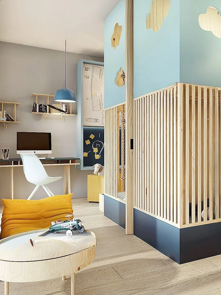 Tempat tidur kayu solid, rumah bermain anak, tempat bermain rahasia model awan, model tangga