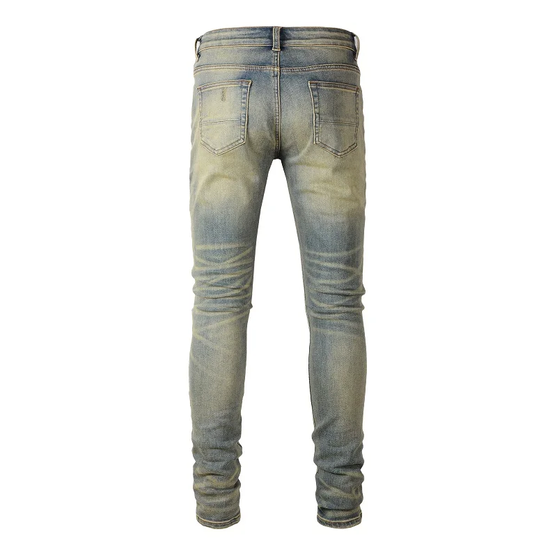 Men Cracked Patch Stretch Denim Jeans Streetwear Holes Ripped Distressed Patchwork Pants Vintage Skinny Tapered Trousers