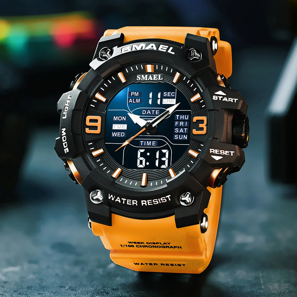 Men Watch Sport Waterproof LED Light Alarm Clock Dual Time Display Week Auto Date Wristwatches 8049 Quartz Watches Sports Time