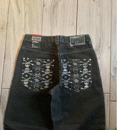

Classic black casual embroidered straight jeans men's fashionable loose straight summer retro simple street style trousers