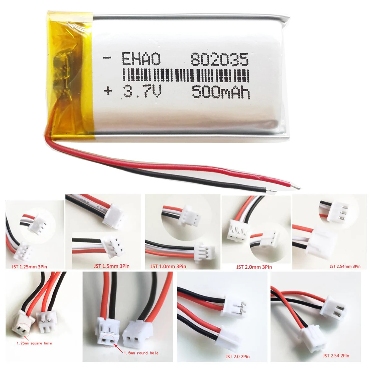 3.7V 500mAh Lipo Rechargeable Battery 802035 For MP3 GPS DVD PSP Bluetooth Recorder E-book Camera Smart Watch Massager