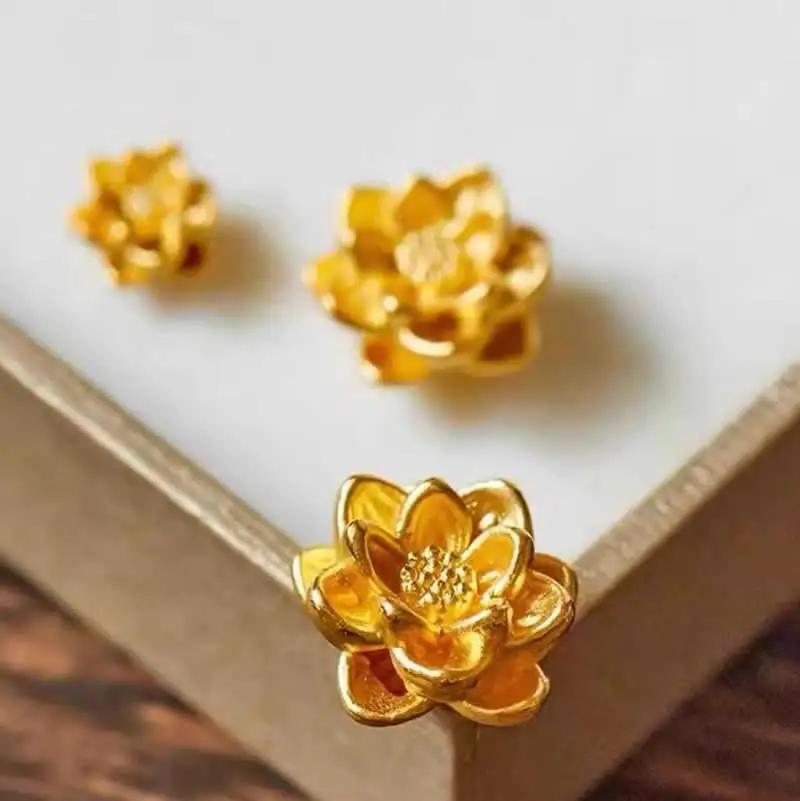 

Pure 24K Yellow Gold Beads Women 3D Gold 999 Lotus Loose Beads 1pcs