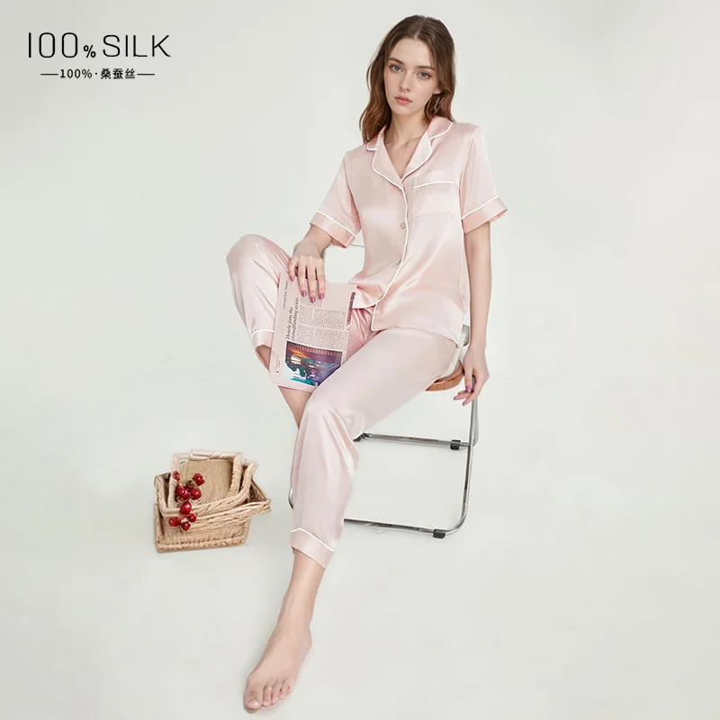 Spring Summer 19 Momme 100% Mulberry Silk Pajama Set Women Short Sleeve Long Pants Luxury Skin-friendly Antibacterial Loungewear view 4