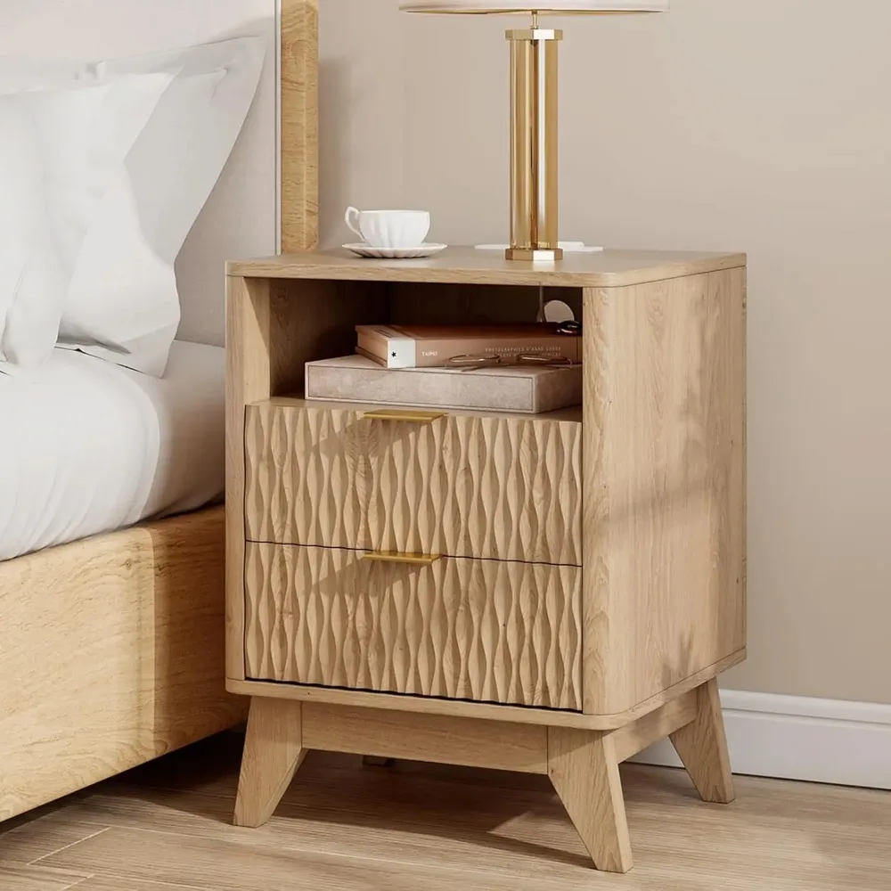 Fluted Nightstand with Charging Station, 18" Modern End Table with Storage Drawers, Bedside Table for Bedroom, Natural Oak(1 Pie