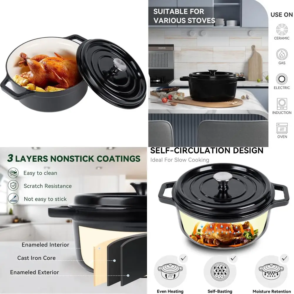 

Non-stick Cast Iron Dutch Oven, 6.5 Quart Enamel Pot with Lid, Perfect for Bread Baking and Cooking