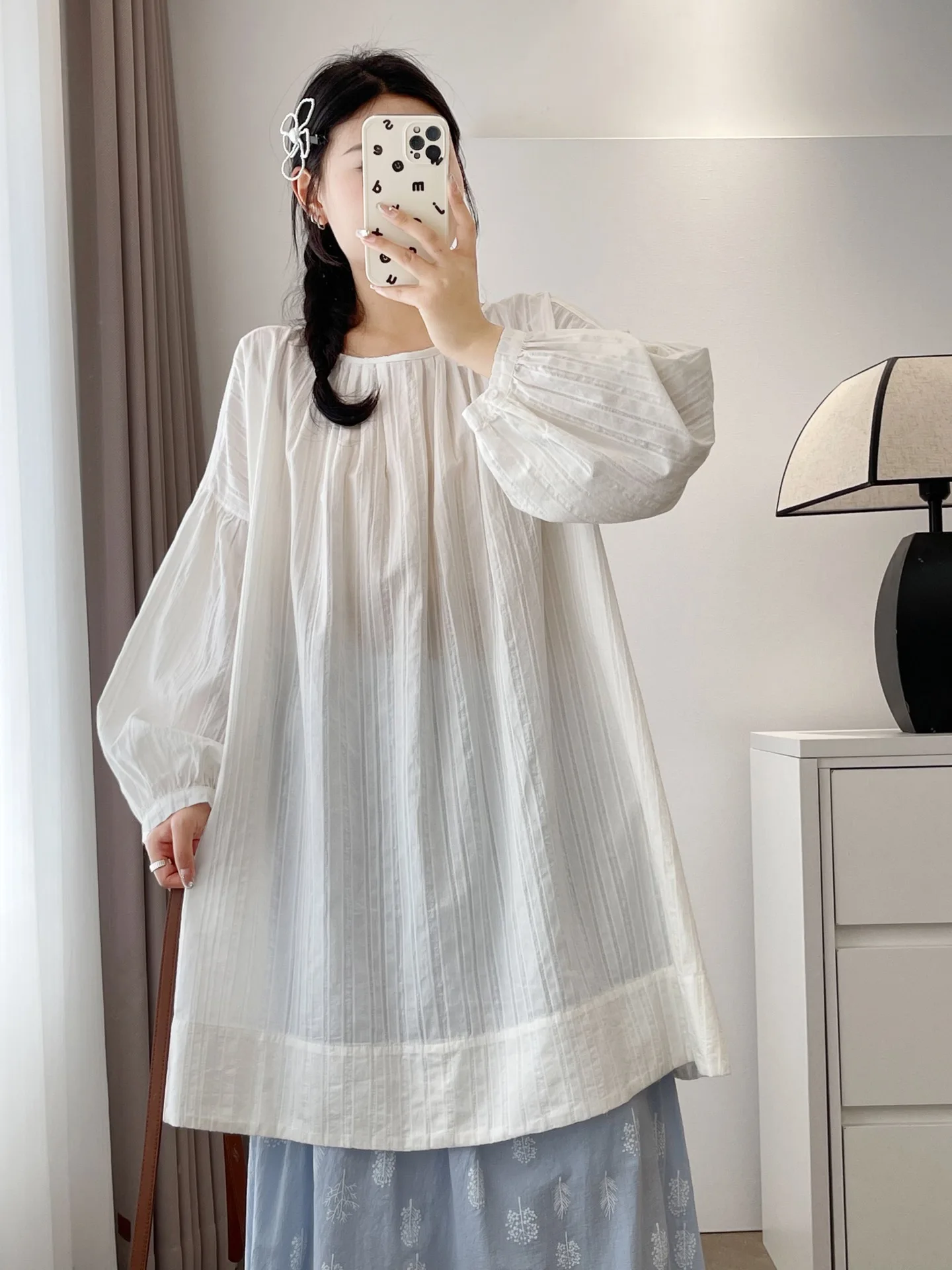 เสื้อทรงหลวมสไตล์ญี่ปุ่นทรงกลม Ne Long Sve ปกปิดเนื้อเนื้อเรียบง่าย Bubble Sve Ele Age Reducing Top