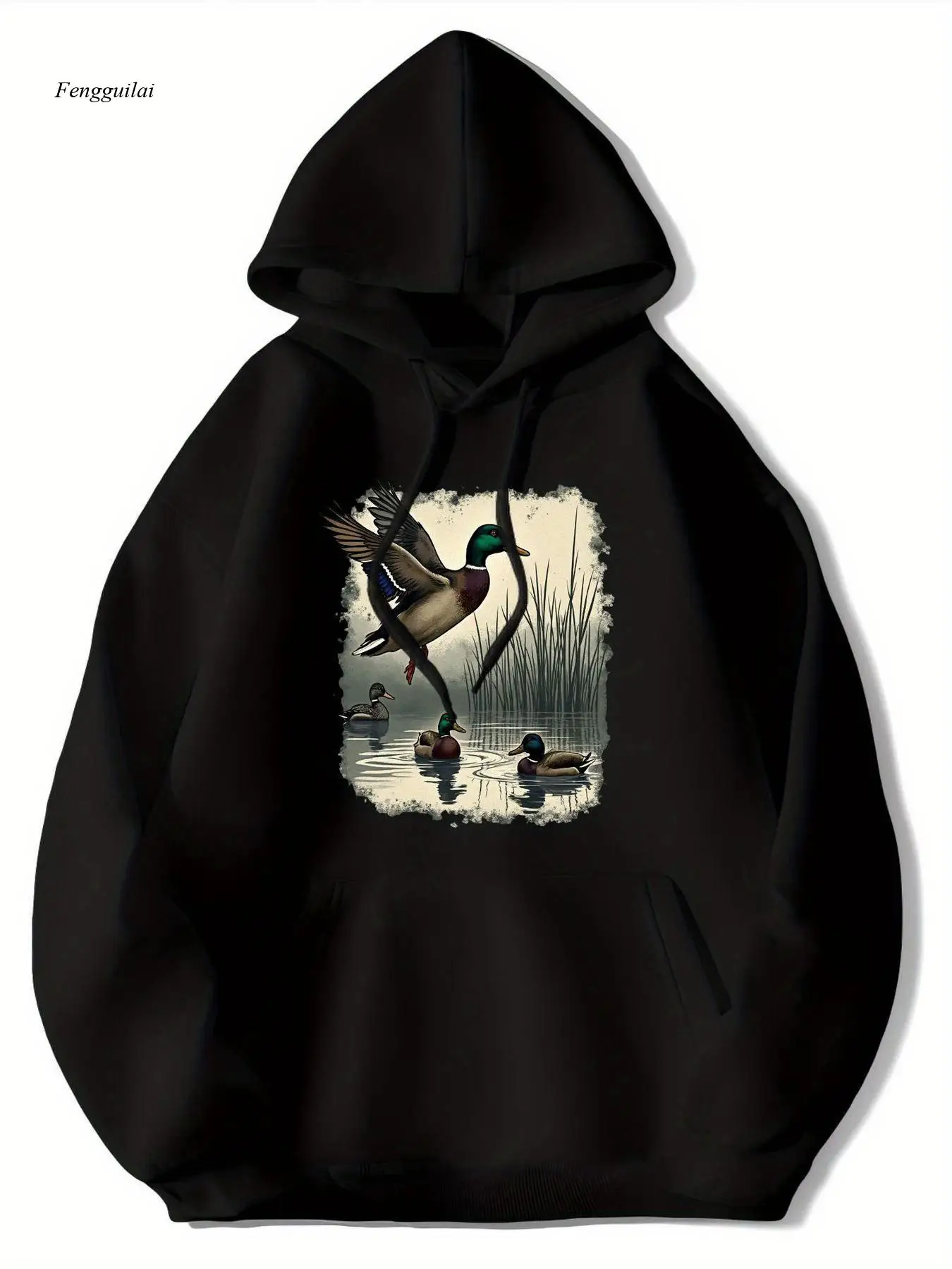 هوديي أسود - سويت شيرت Mallard Ducks Flying & Swimming Graphic Pulover، سويت شيرت كاجوال بقلنسوة لجميع المواسم #1