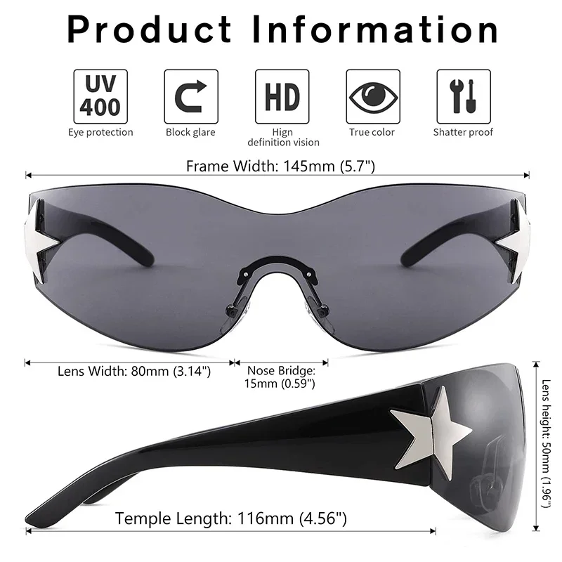 Punk Sports Y2k Star Rimless Sunglasses Women Brand Designer Sun Glasses For Men UV400 Goggles Shades One Piece Oculos De Sol