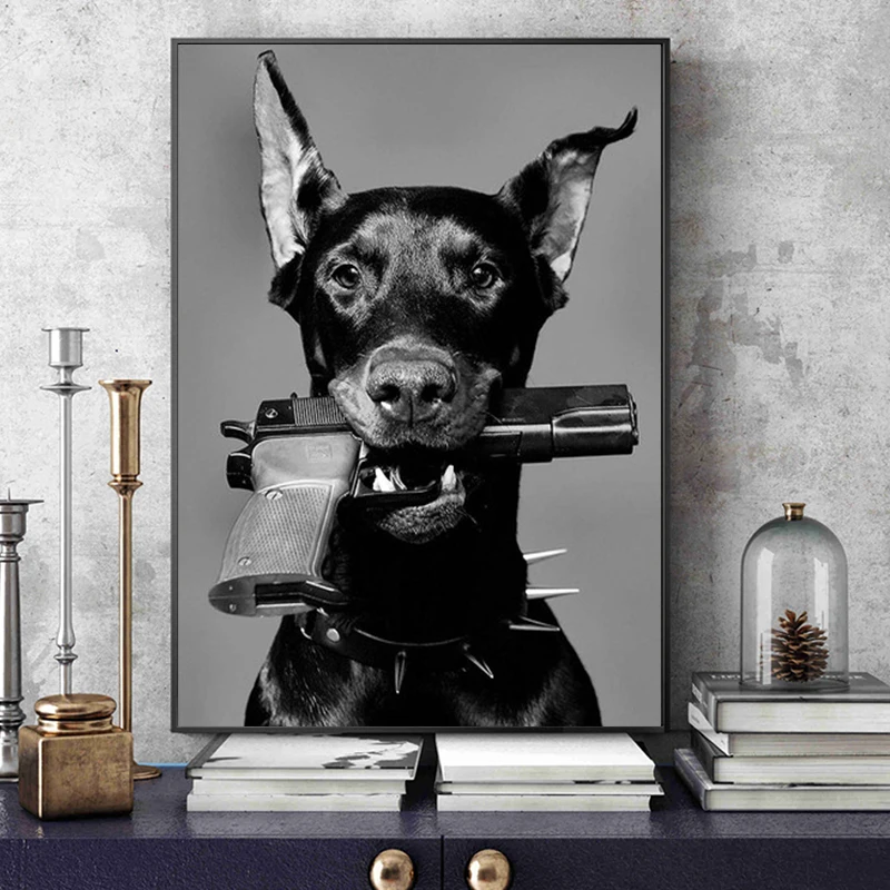 

Black Doberman Dog With A Gun Poster Prints For Living Room Creative Police Dog Canvas Painting Wall Art Nordic Home Decor