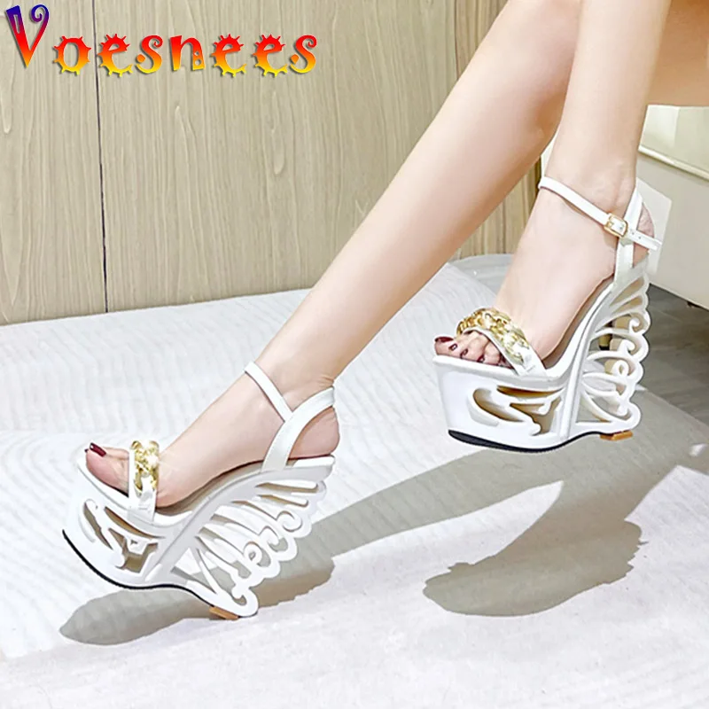 Women Summer Sandals Hollow Out Platform Party Wedges Shoes Fashion Metal Chain Decoration Solid Color Catwalk Model High Heels