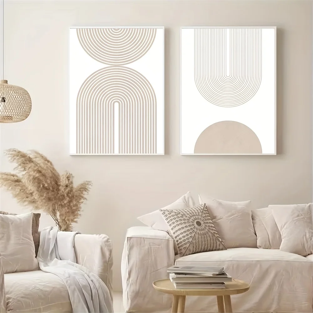مجموعة مكونة من 3 قطع من الملصقات الفنية الهندسية التجريدية بدون إطار، ولوحات قماشية على شكل خط بيج قديم، وفن جداري حديث وبسيط، ورق بوهيمي #6
