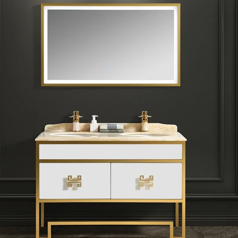 

Stainless steel bathroom cabinet combined bathroom washstand double basin intelligent marble floor cabinet