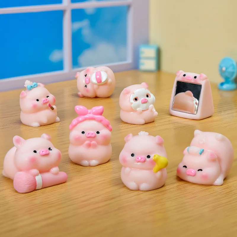 Figuras de resina de cerdo Kawaii para decoración del hogar, casa de muñecas, terrario de musgo, accesorios de paisaje, decoración de habitación en miniatura para jardín de hadas, 8 Uds.