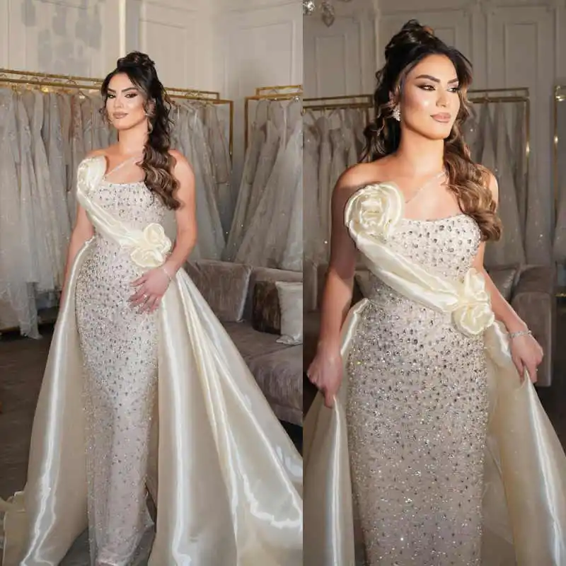 

Gorgeous Crystals Mermaid Bridal Gowns One Shoulder Sleeveless Wedding Dresses Sequins Customized Dresses For Bride