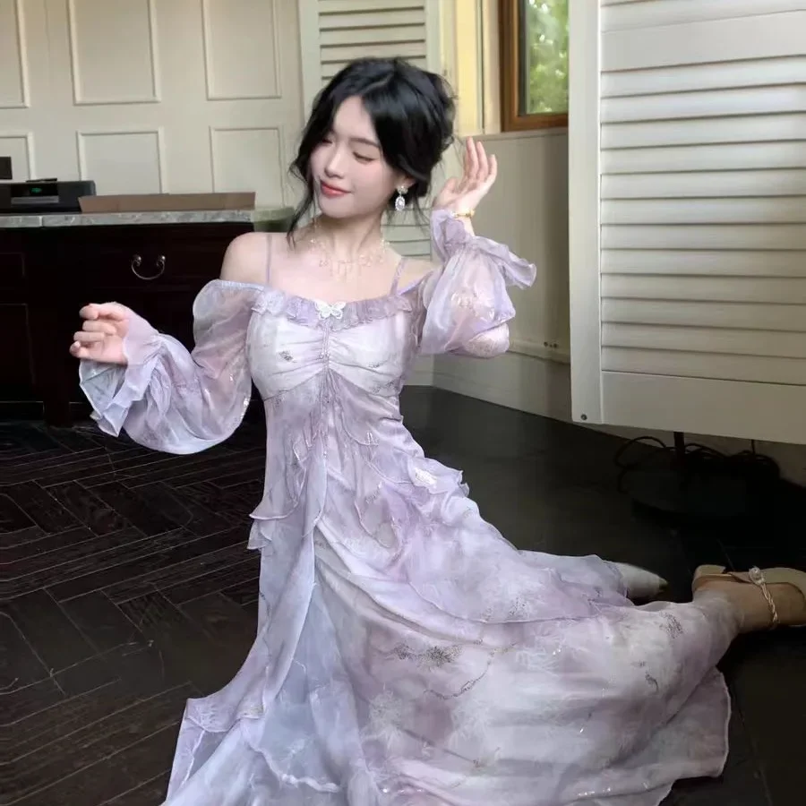 أنيقة الجنية الأرجواني التدرج فراشة الذهب تنقش فستان بكم طويل النمط الصيني خمر آخر فستان حافة ورقة فنية