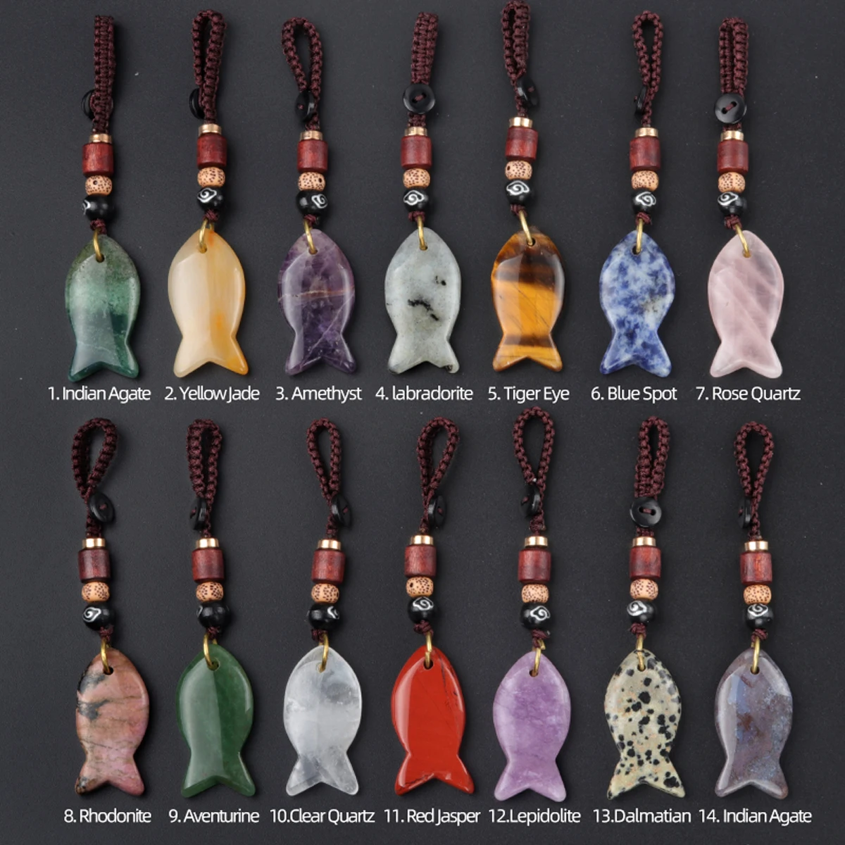 Carved Small Fish Shaped Crystal Agate Keychain in Bohemian Style Woven Rope Exquisite Backpack Key Tiger Eye Stone Pendant 1PC