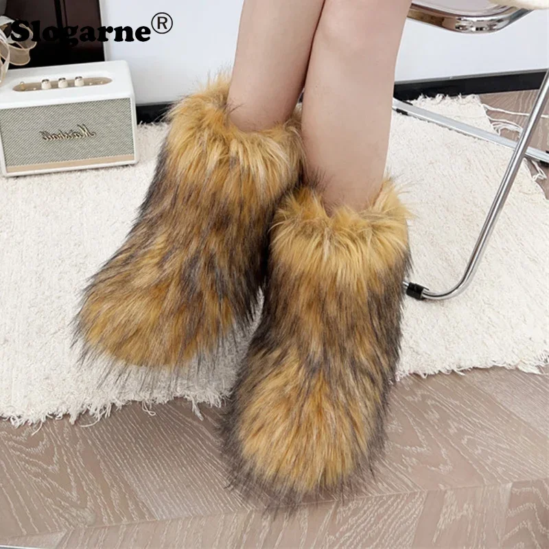 Y2K Fluffy Mid-calf Boots Winter Women Fashion Snow Boots Warm Cotton Shoes Ladies Faux Raccoon Fur Boots Furry Platform Shoes