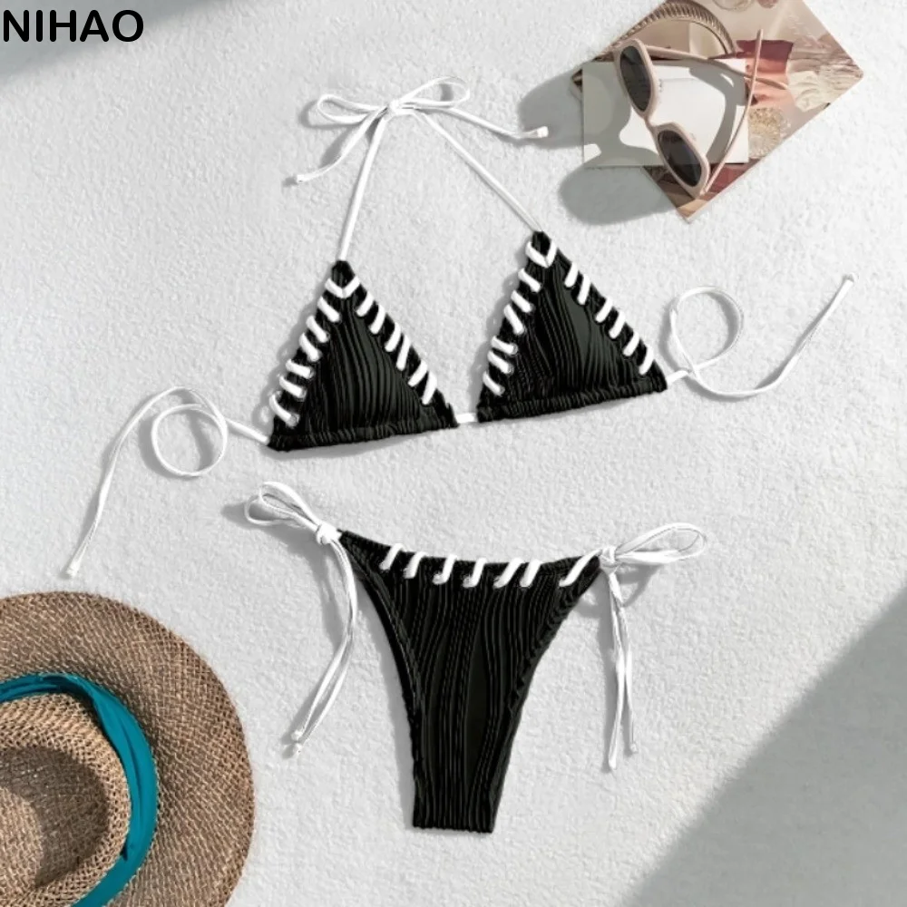 

Simple Rope String Bikini Suit Lace Up Slim Fit Swimwear Set Ruffled Halter Neck Sling Swimsuit Resort Wear