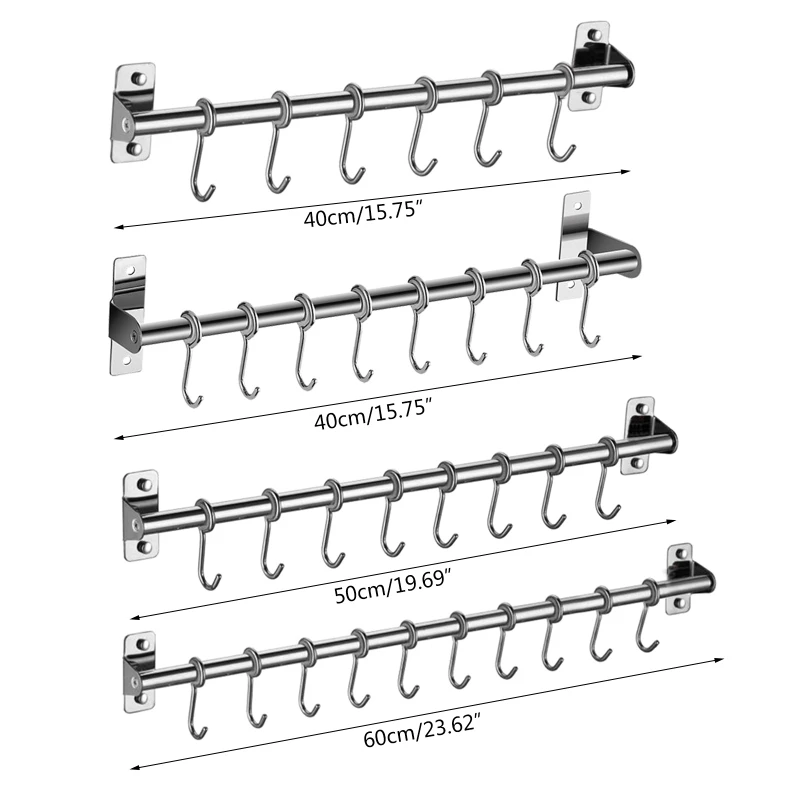 Wandmontage Gebruiksvoorwerp Rack Roestvrij Staal Opknoping Keuken Rail Met 6/8/10 Afneembare Haken