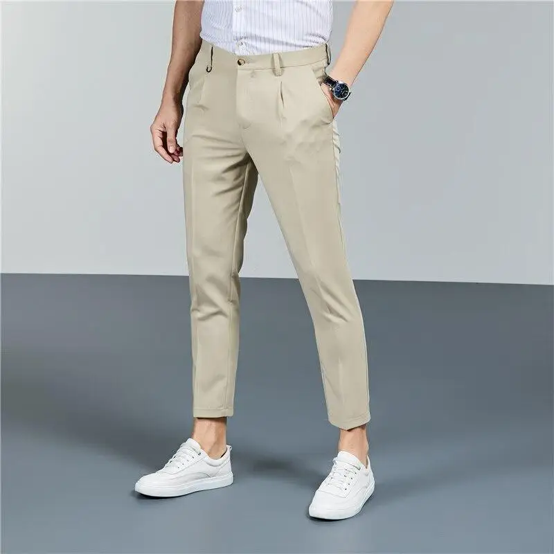 Men Pants Spring Summer Autumn Casual Slim Elastic Long Business Ankle Length Suit Trousers Chinos Slacks No Ironing Black